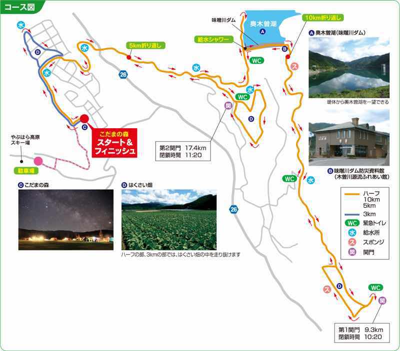 長野県木曽郡木祖村で開催される、やぶはら高原はくさいマラソン大会のコース図です。