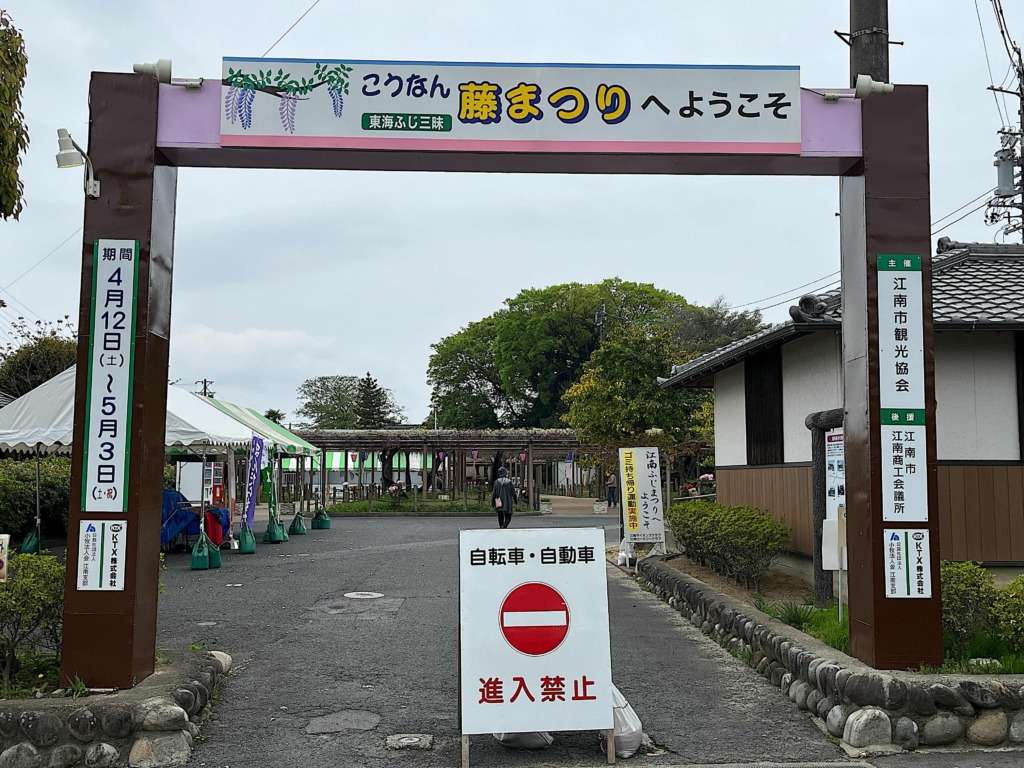 2025の江南市の曼陀羅寺公園の藤の花の様子です。こうなん藤まつりの入り口(裏)の様子です。