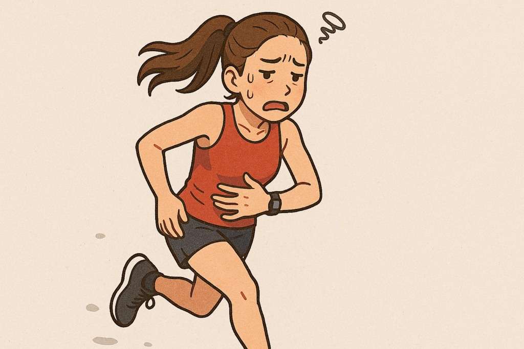 おなかがすいて走っているランナーのiイラストです。ハンガーノックの症状がでています