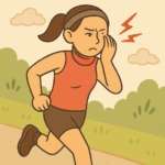 ランニング中に目のあたりを押さえて違和感を感じている女性ランナーのイラスト。マラソン中の目の健康や外転神経麻痺リスクを表現。