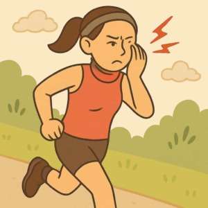 ランニング中に目のあたりを押さえて違和感を感じている女性ランナーのイラスト。マラソン中の目の健康や外転神経麻痺リスクを表現。