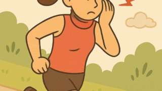 ランニング中に目のあたりを押さえて違和感を感じている女性ランナーのイラスト。マラソン中の目の健康や外転神経麻痺リスクを表現。