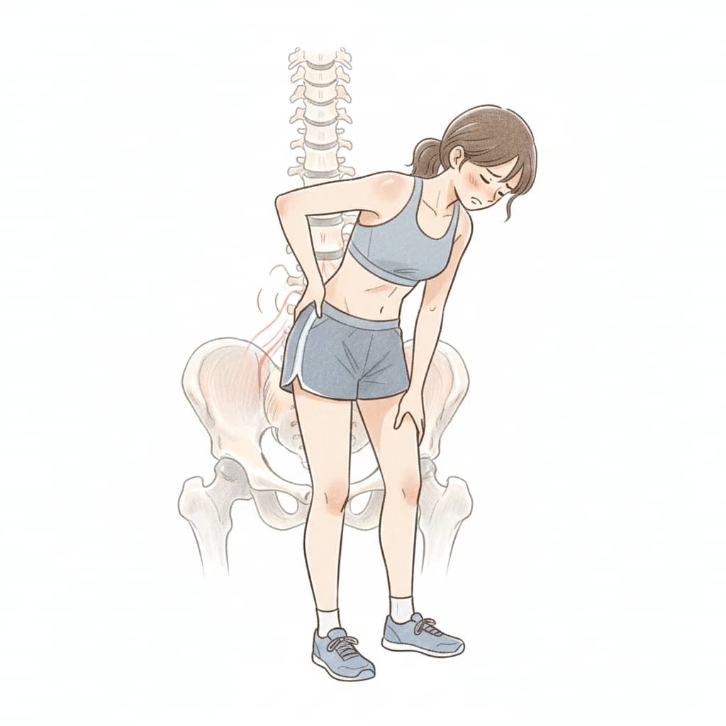 ランニングウェア姿の女性ランナーが、片手で腰を押さえ前かがみになっているイラスト。背景には腰椎と骨盤のシルエットが淡く描かれ、腰の一部が赤く強調されており、走った後に筋筋膜性腰痛で腰に痛みや張りを感じている様子を表現している。