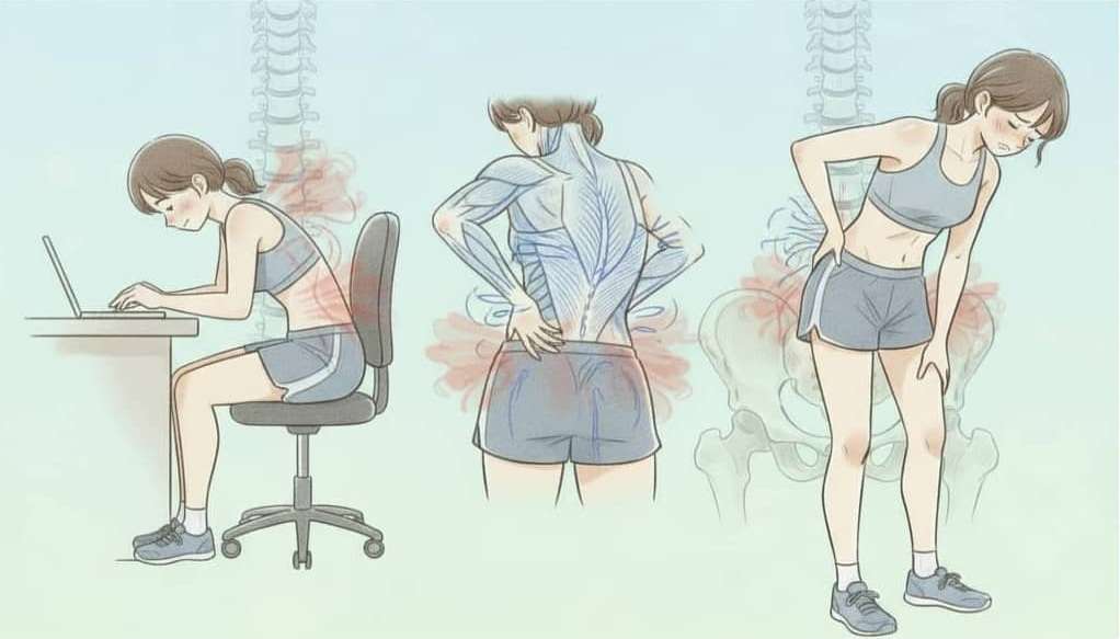 女性ランナーの三場面イラスト。左ではランニングウェア姿の女性がデスクワークで背中を丸めて座り、腰から背中にかけて筋肉がオーバーユースを示している。中央では腰部と殿部の筋肉が赤く着色されて痛みを表現。右ではランニング後に前かがみになった女性が片手で腰を押さえており筋筋膜性腰痛の原因・メカニズム・症状を一枚で説明している。